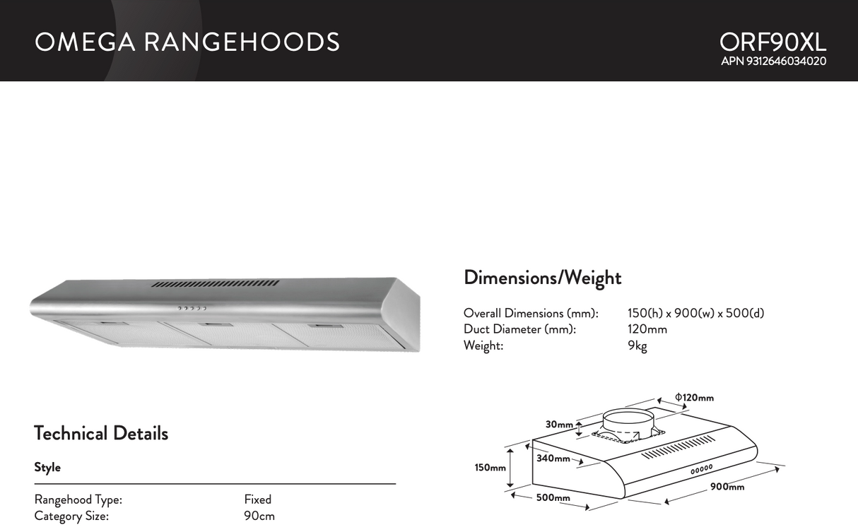 Omega Orf90Xl 90Cm Stainless Steel Fixed Rangehood - Special Order Rangehoods