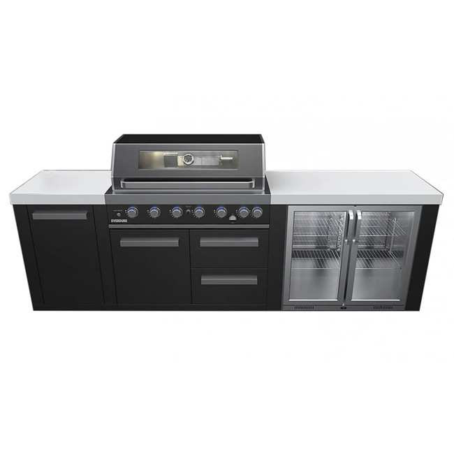 Everdure 6BIMLPC-21B+PK-5 Neo Black Outdoor Kitchen With BBQ, 208L Double Door Fridge and Storage