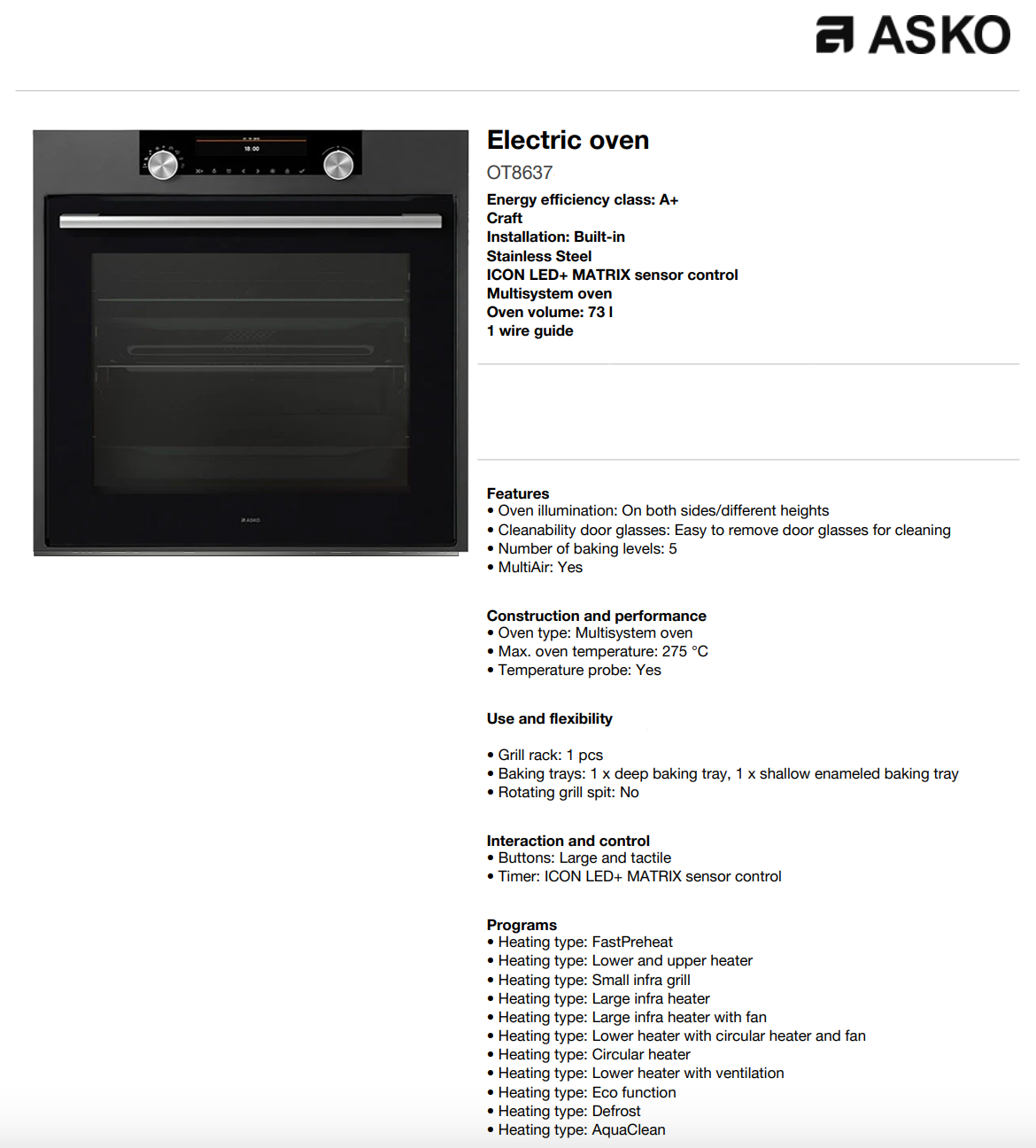 ASKO 60cm Anthracite Built-In Electric Oven, OT8637A - New Clearance