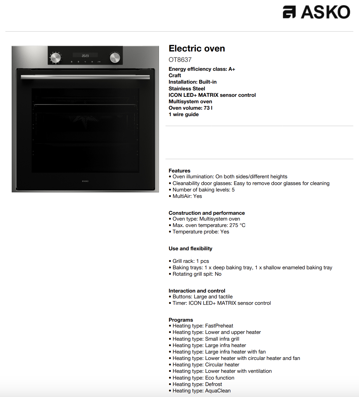 ASKO 60cm Stainless Steel Built-In Electric Oven, OT8637S - New Clearance