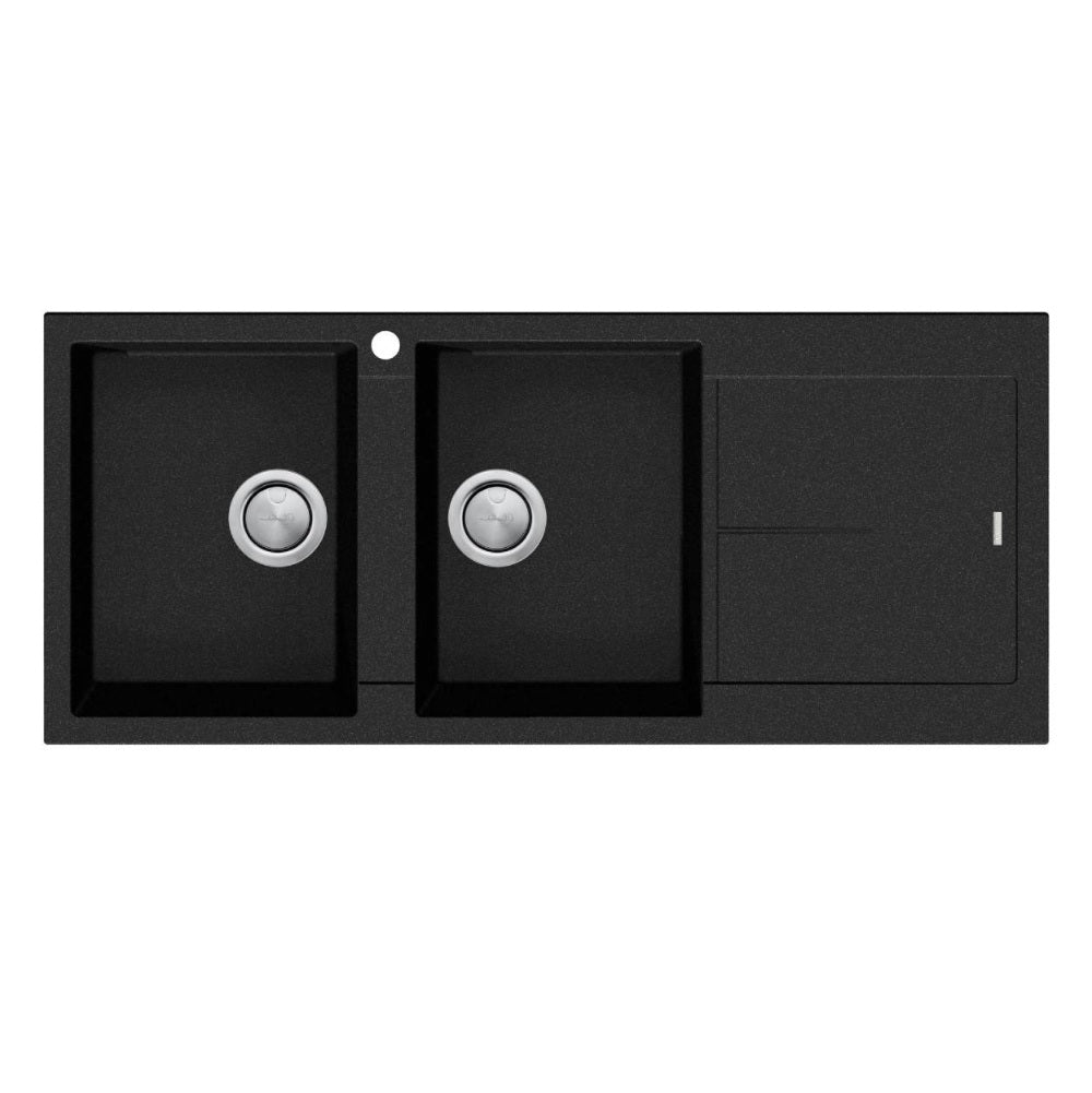 Delete Oliveri Santorini Double Sink Left Hand Bowl Topmount 1140x480mm w/ Drainer Black ST-BL1515 LHB