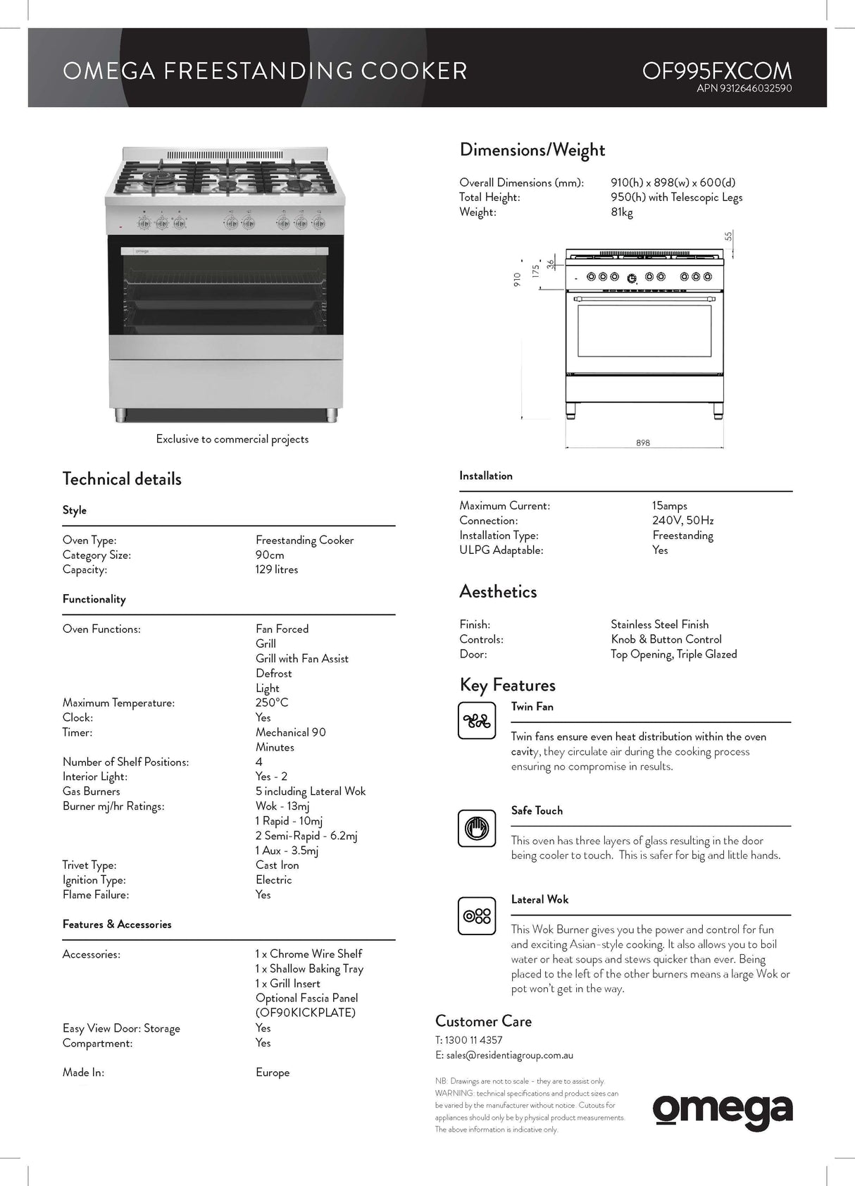 Omega OF995FXCOM 90cm 5 Function Stainless Steel Freestanding Oven