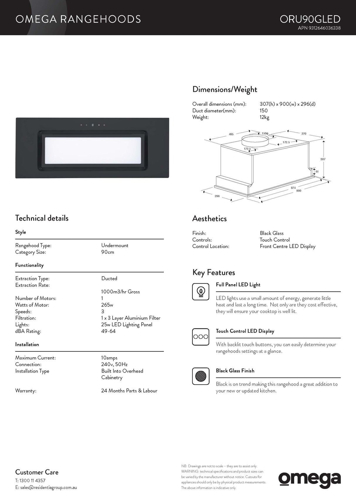 Omega ORU90GLED 90cm Black Glass Undermount Rangehood, 1000m3/hr