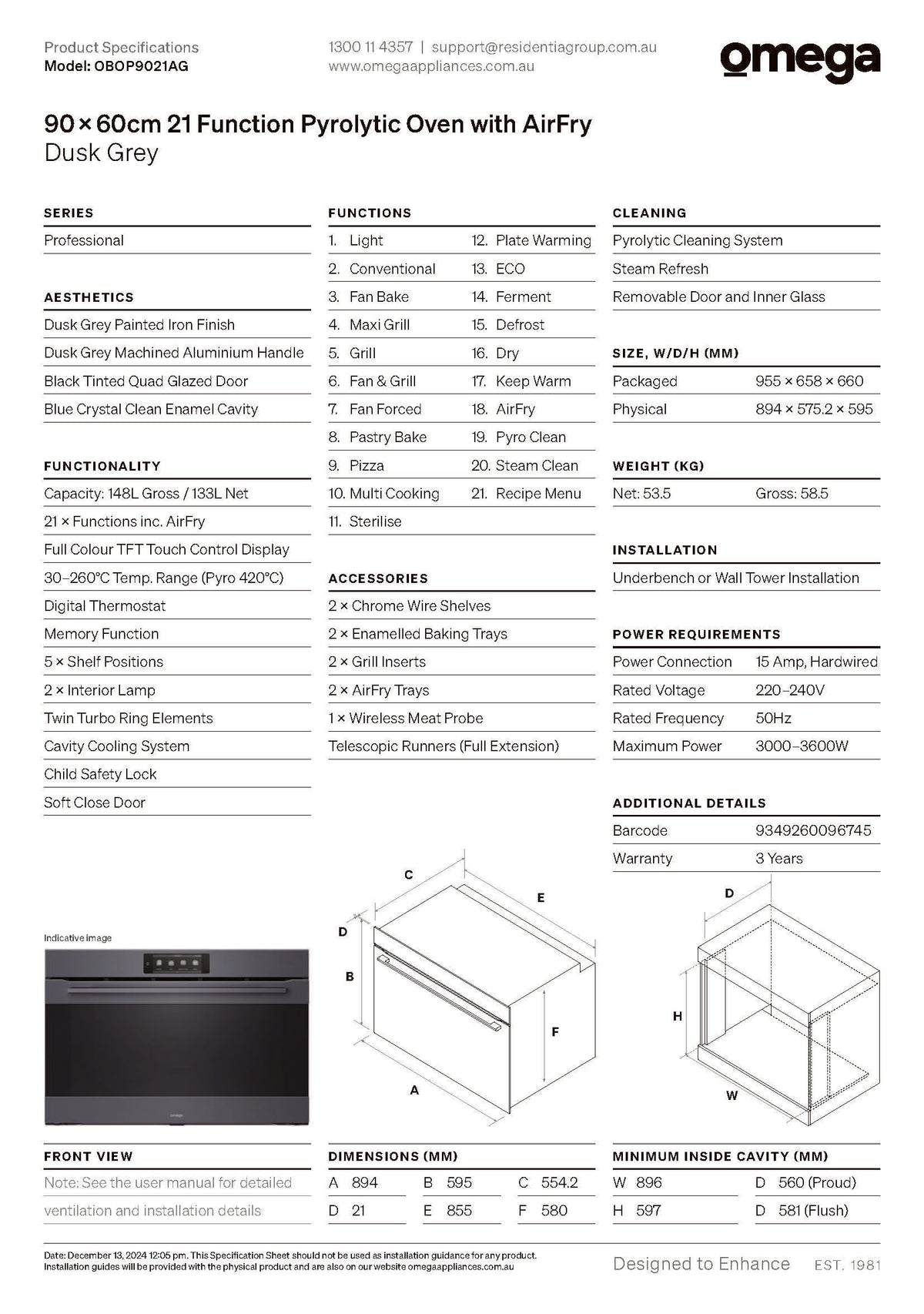 Omega OBOP9021AG 90×60cm 21 Function Pyrolytic Oven with AirFry, Dusk Grey