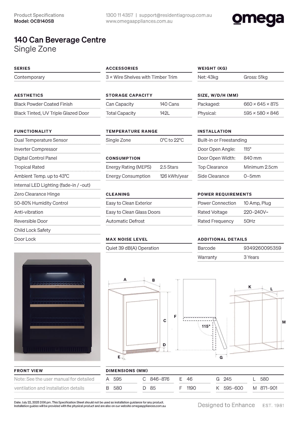 Omega OCB140SB 140 Can Single Zone Beverage Centre
