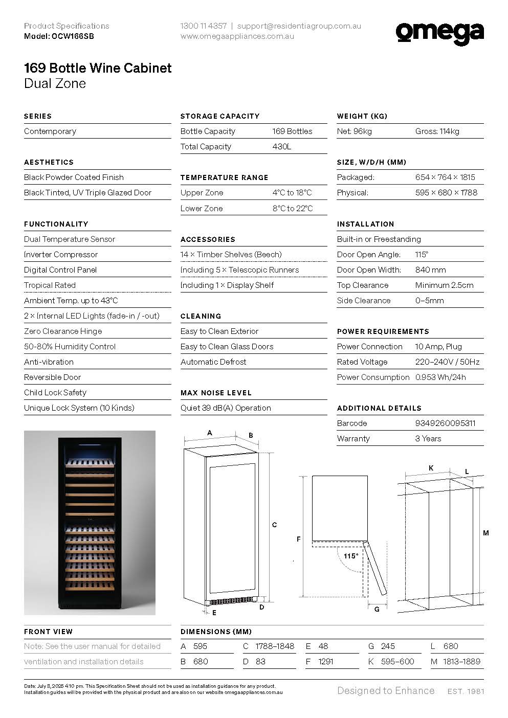 Omega OCW166SB 169 Bottle Dual Zone Wine Cabinet