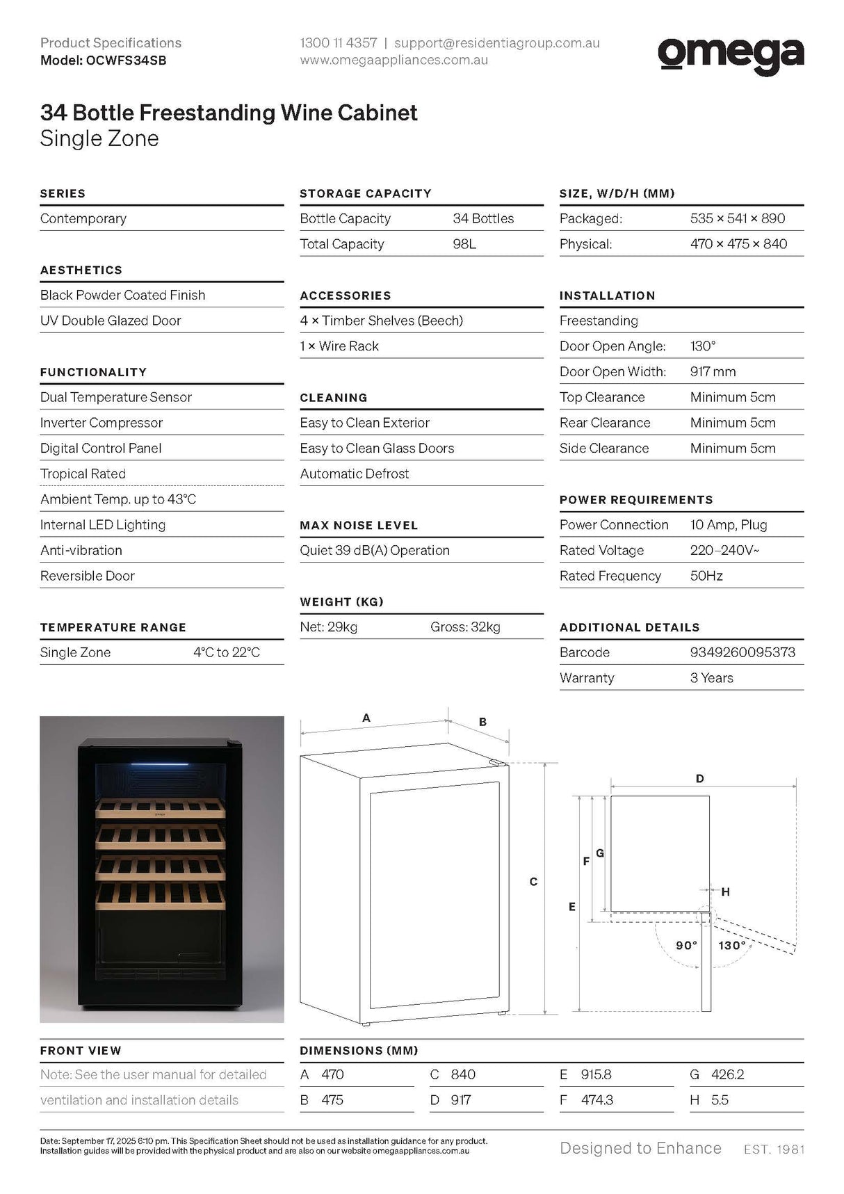 Omega OCWFS34SB 34 Bottle Freestanding Wine Cabinet
