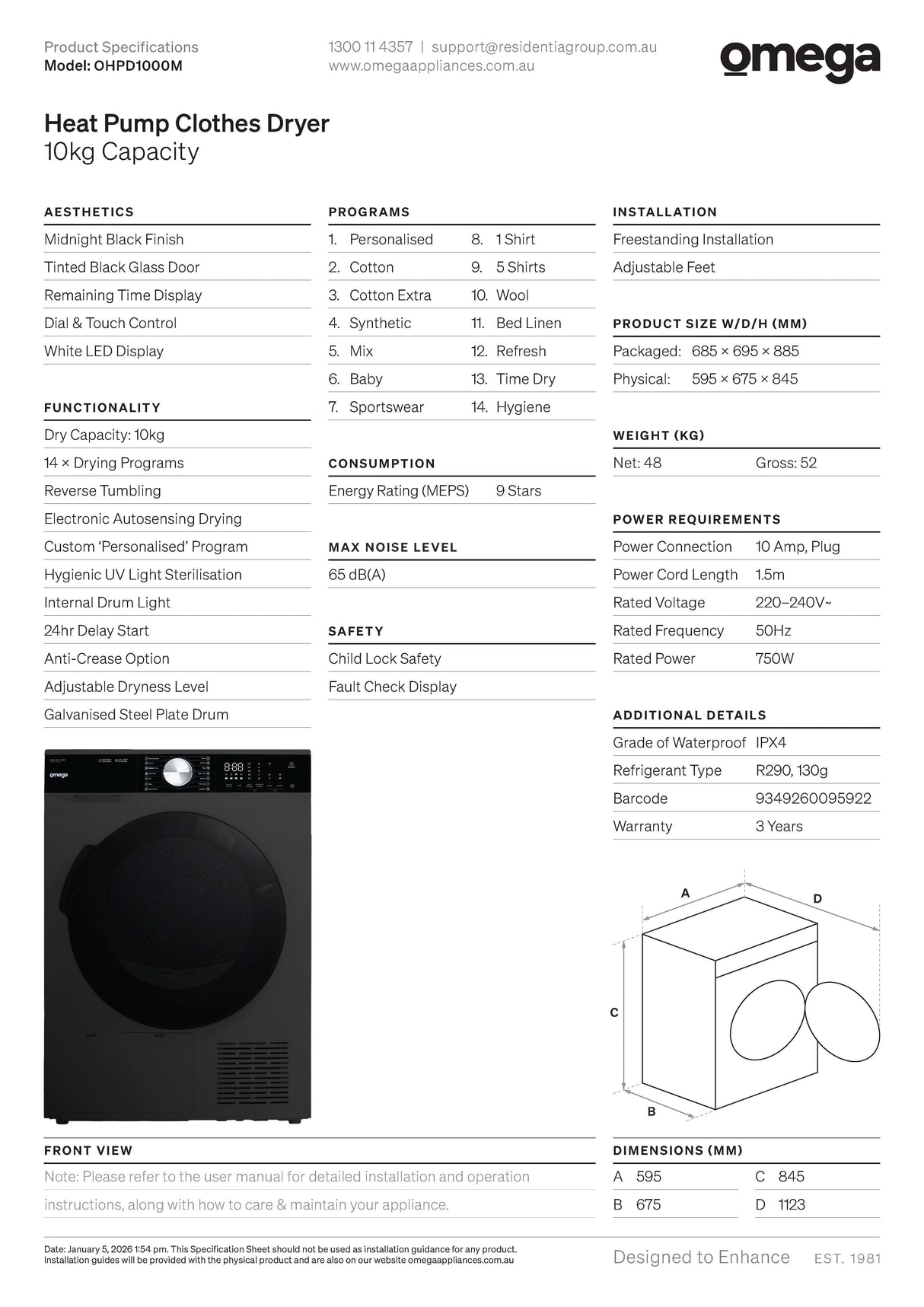 Omega OHPD1000M 10kg Heat Pump Clothes Dryer