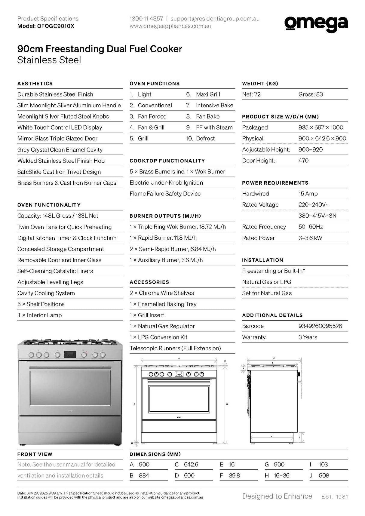 Omega OFOGC9010X 90cm Freestanding Dual Fuel Cooker