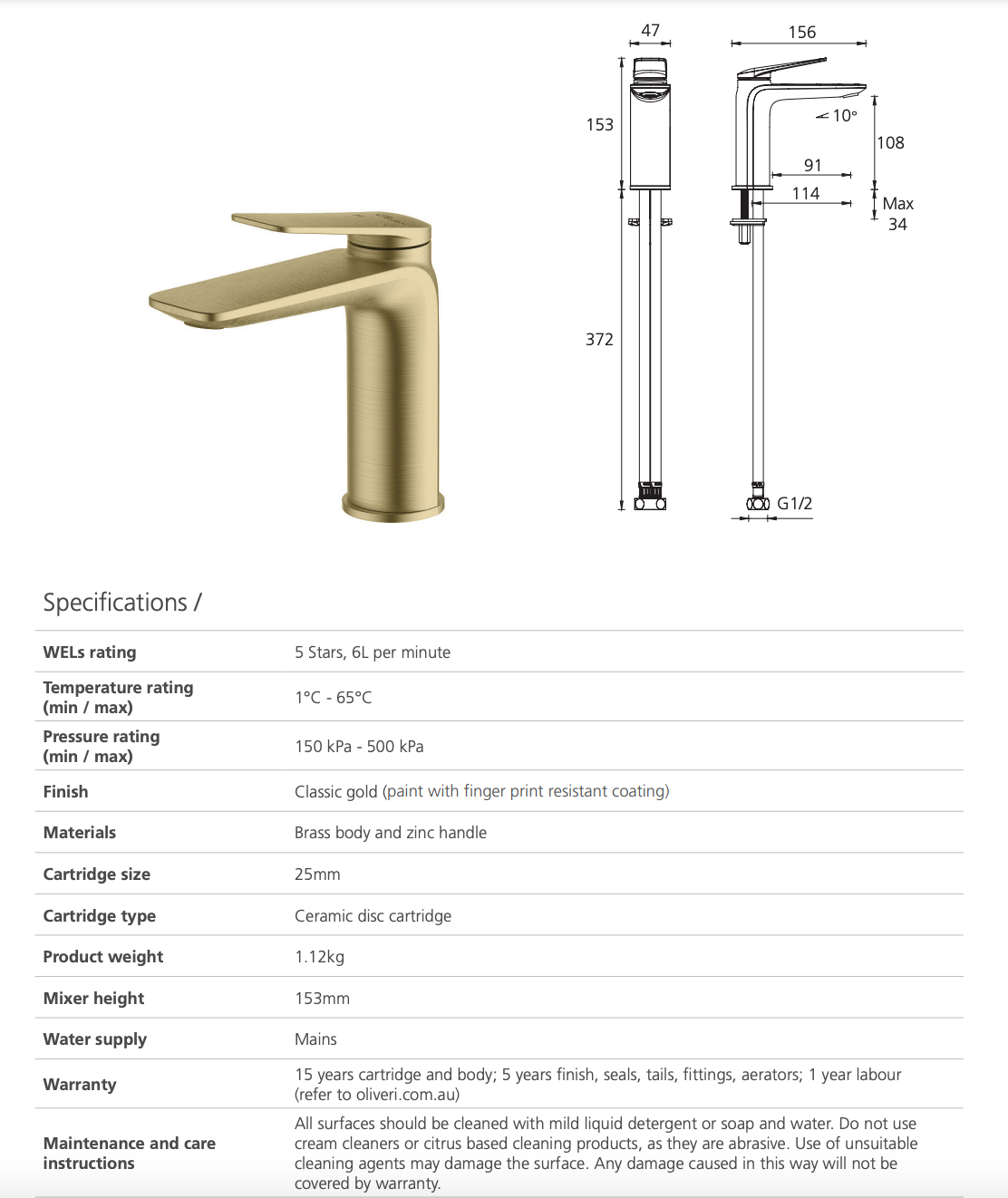 Oliveri Paris PA069523CG Classic Gold Basin Mixer