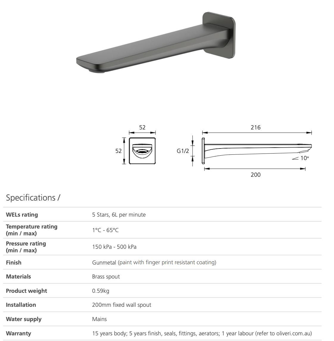 Oliveri Venice PA102205GM Gun Metal 200mm Spout