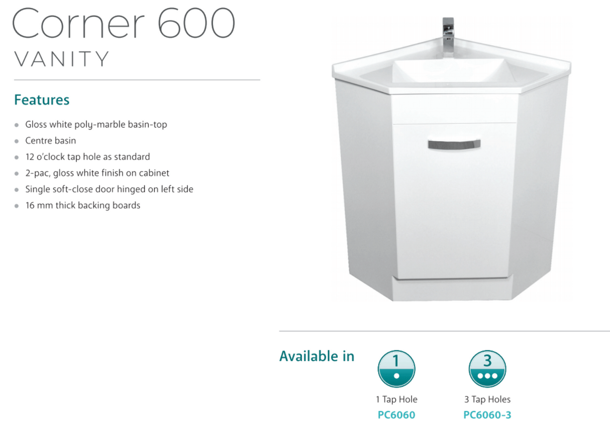 Fienza Corner 600 Pc6060 White Vanity Unit - Special Order Units