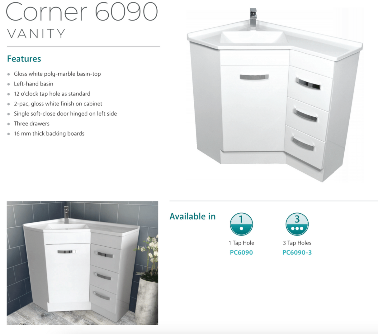 Fienza Pc6090 Corner 600X900 Vanity Unit White - Special Order Units