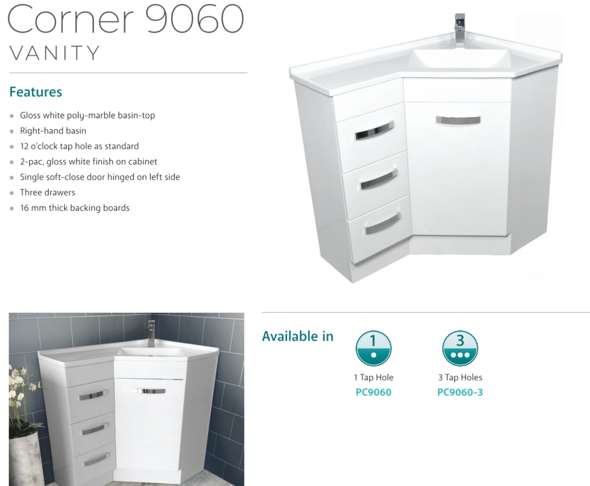 Fienza Pc9060 Corner 600X900 Vanity Unit White - Special Order Units