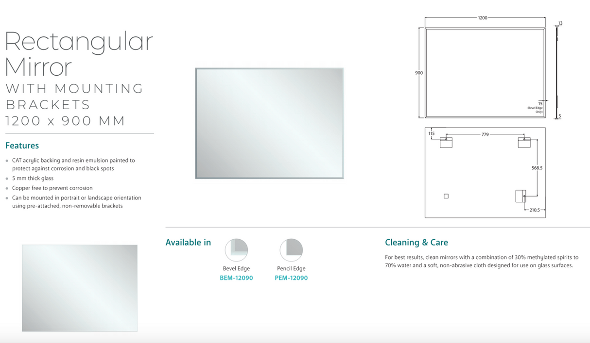 Fienza PEM-12090 Pencil Edge Rectangular Mirror, 1200 x 900mm