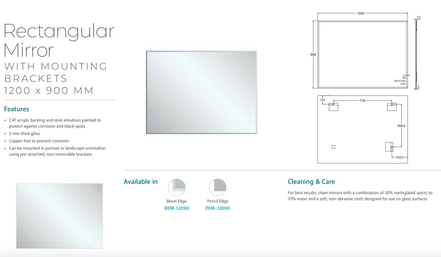 Fienza PEM-12090 Pencil Edge Rectangular Mirror, 1200 x 900mm