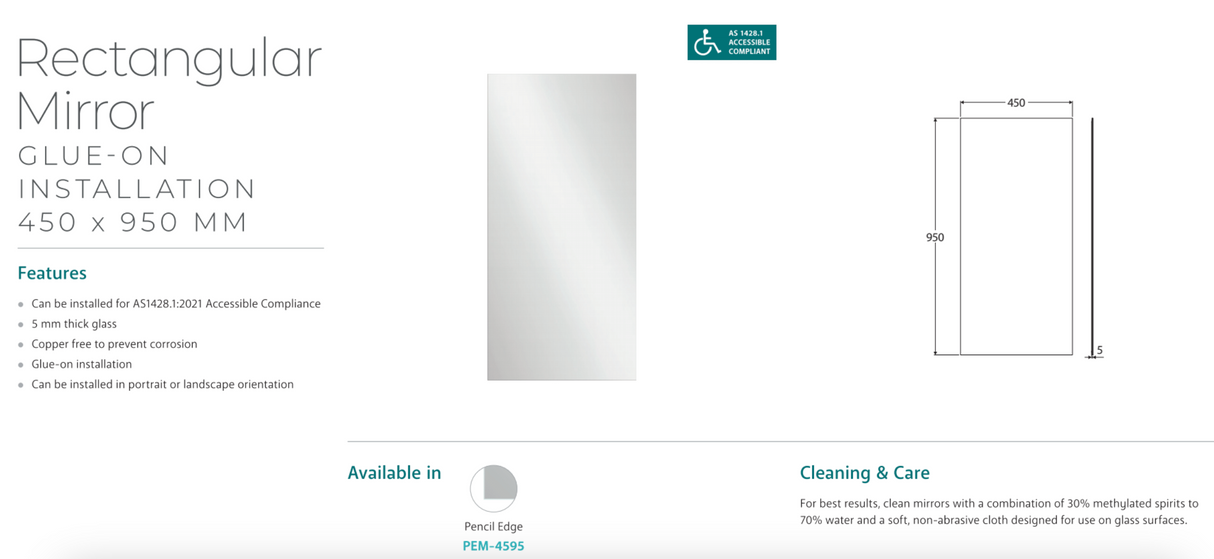 Fienza PEM-4595 Pencil Edge Rectangular Mirror, 450 x 950mm