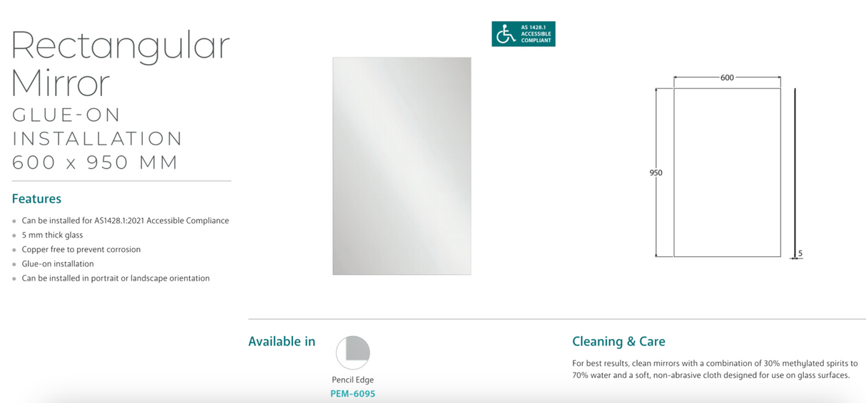 Fienza PEM-6095 Pencil Edge Rectangular Mirror, 600 x 950mm