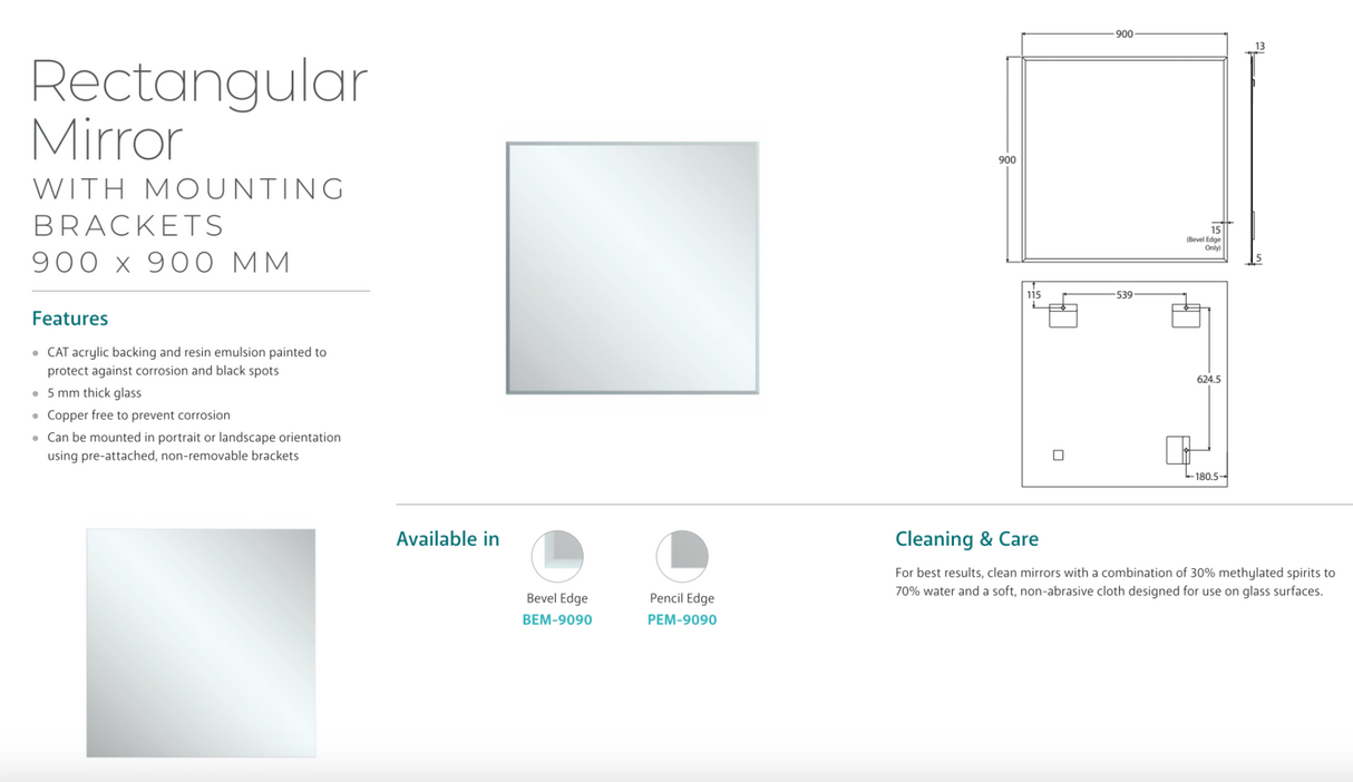 Fienza PEM-9090 Pencil Edge Rectangular Mirror, 900 x 900mm