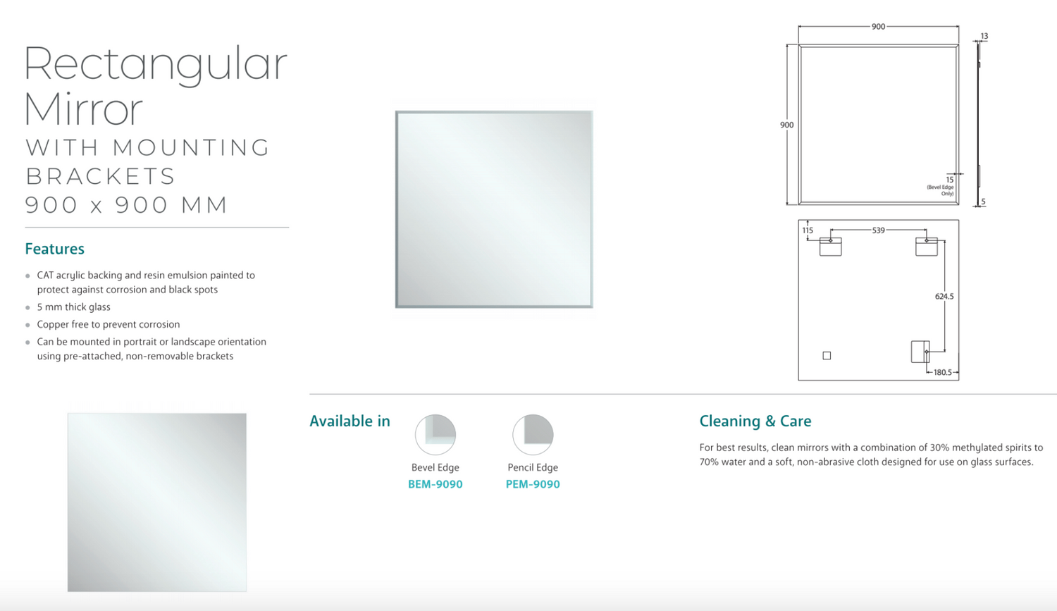 Fienza PEM-9090 Pencil Edge Rectangular Mirror, 900 x 900mm