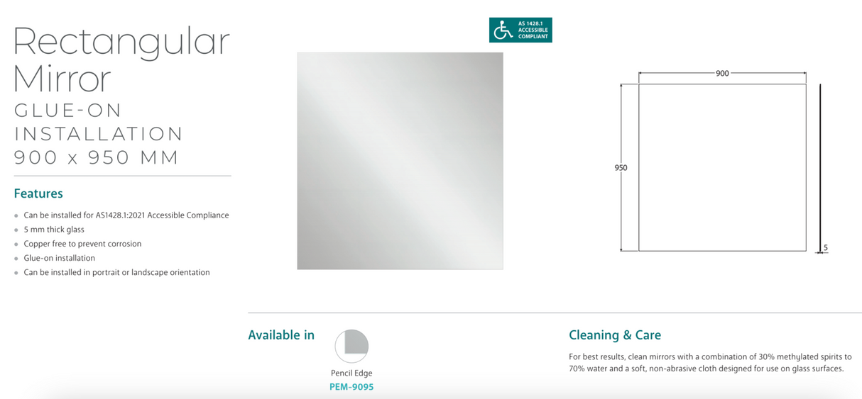 Fienza PEM-9095 Pencil Edge Rectangular Mirror, 900 x 950mm