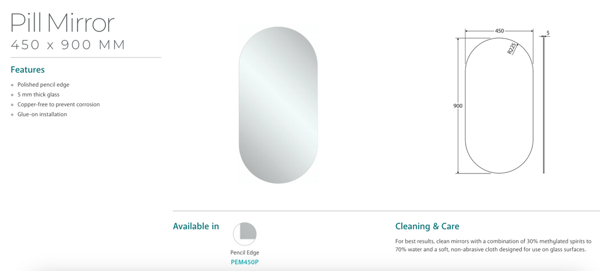 Fienza PEM450P Pill Mirror, 450 x 900mm