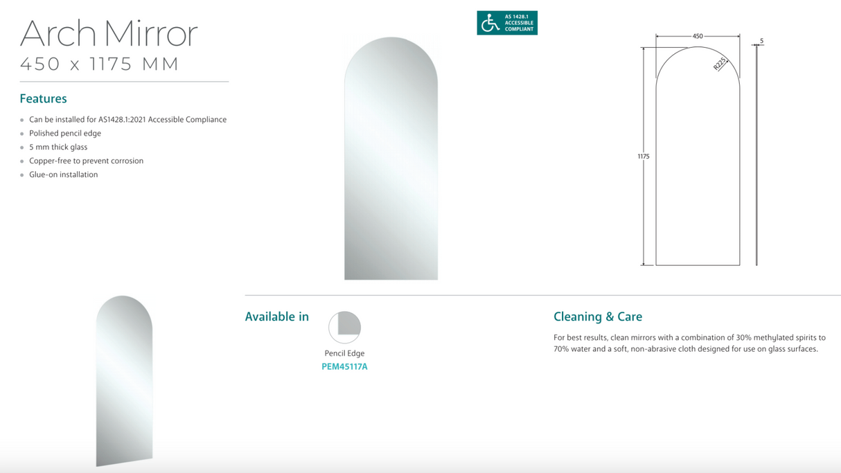 Fienza PEM45117A Arch Mirror, 450 x 1175mm