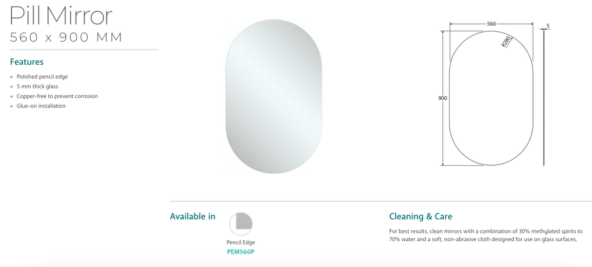 Fienza PEM560P Pill Mirror, 560 x 900mm