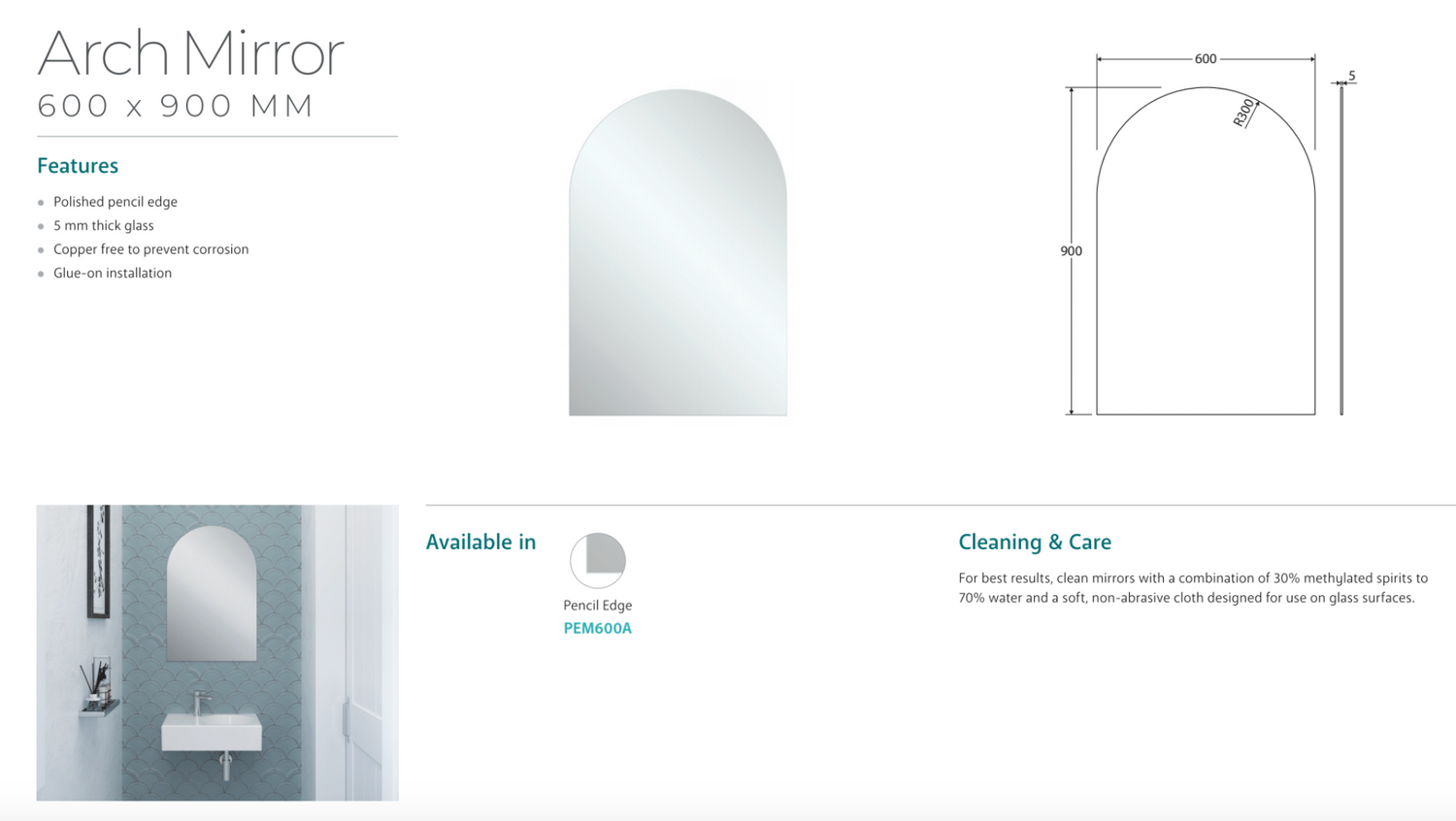 Fienza PEM600A Arch Mirror, 600 x 900mm