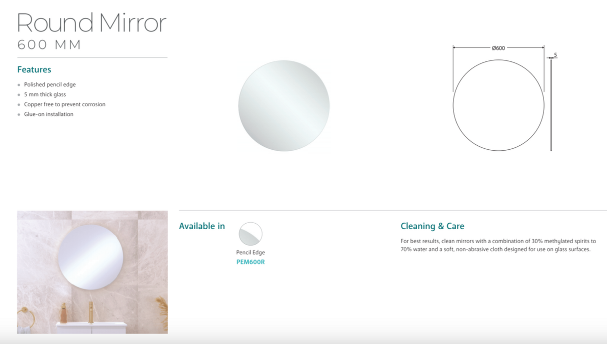 Fienza PEM600R Round Mirror, 600mm