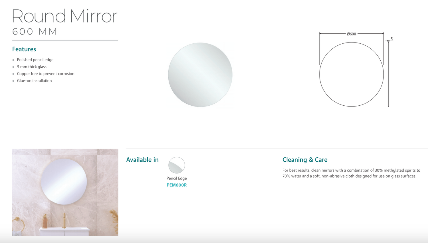 Fienza PEM600R Round Mirror, 600mm
