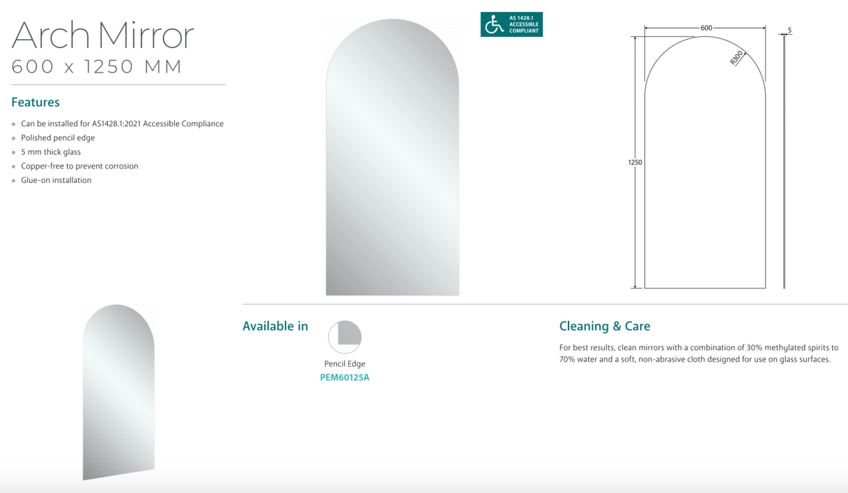 Fienza PEM60125A Arch Mirror, 600 x 1250mm