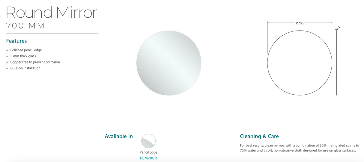 Fienza PEM700R Round Mirror, 700mm