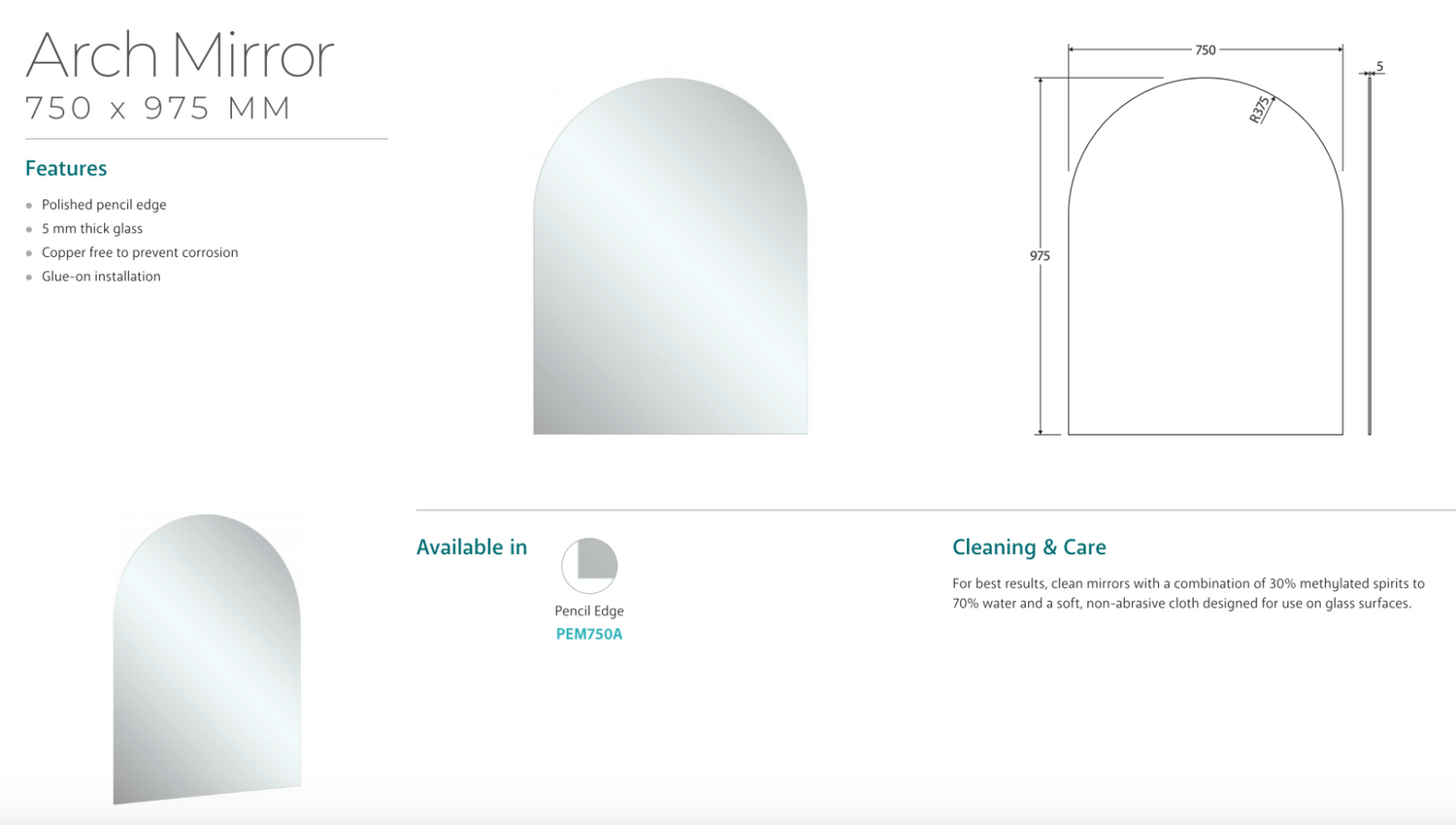 Fienza PEM750A Arch Mirror, 750 x 975mm