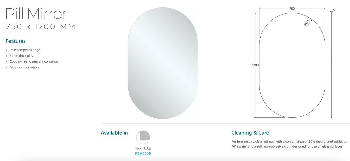 Fienza PEM750P Pill Mirror, 750 x 1200mm