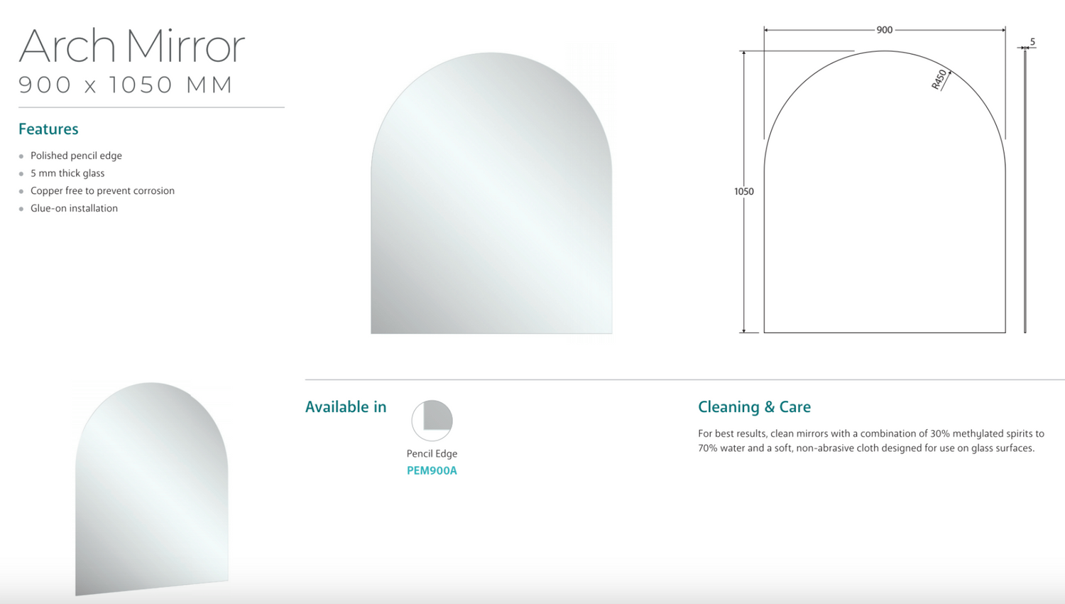 Fienza PEM900A Arch Mirror, 900 x 1050mm Adelaide Only