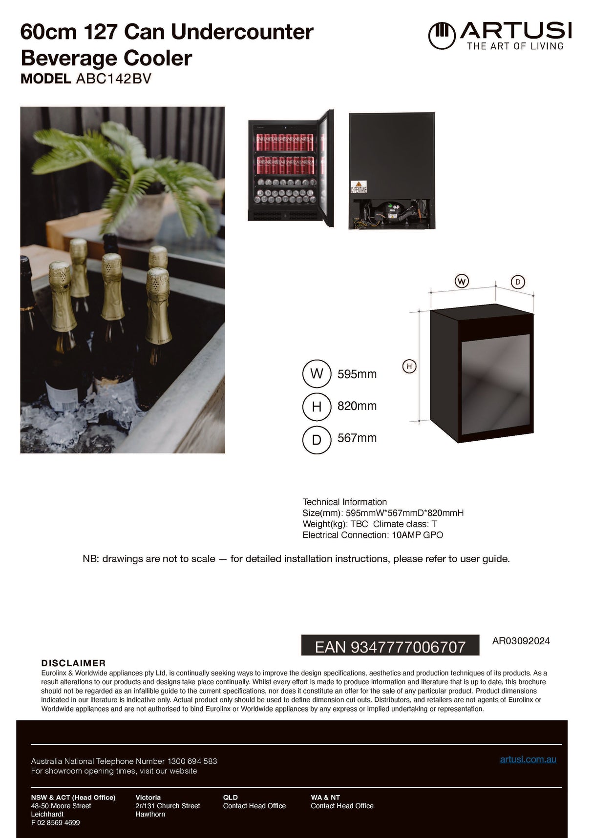 Artusi ABC142BV Beverage Centre, Reversable Door, Matte Black