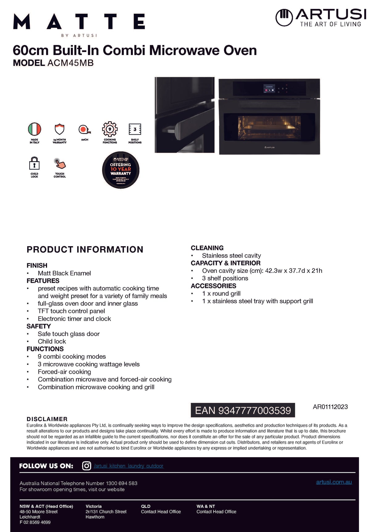 Artusi ACM45MB 60cm Built-in Combi Microwave Oven