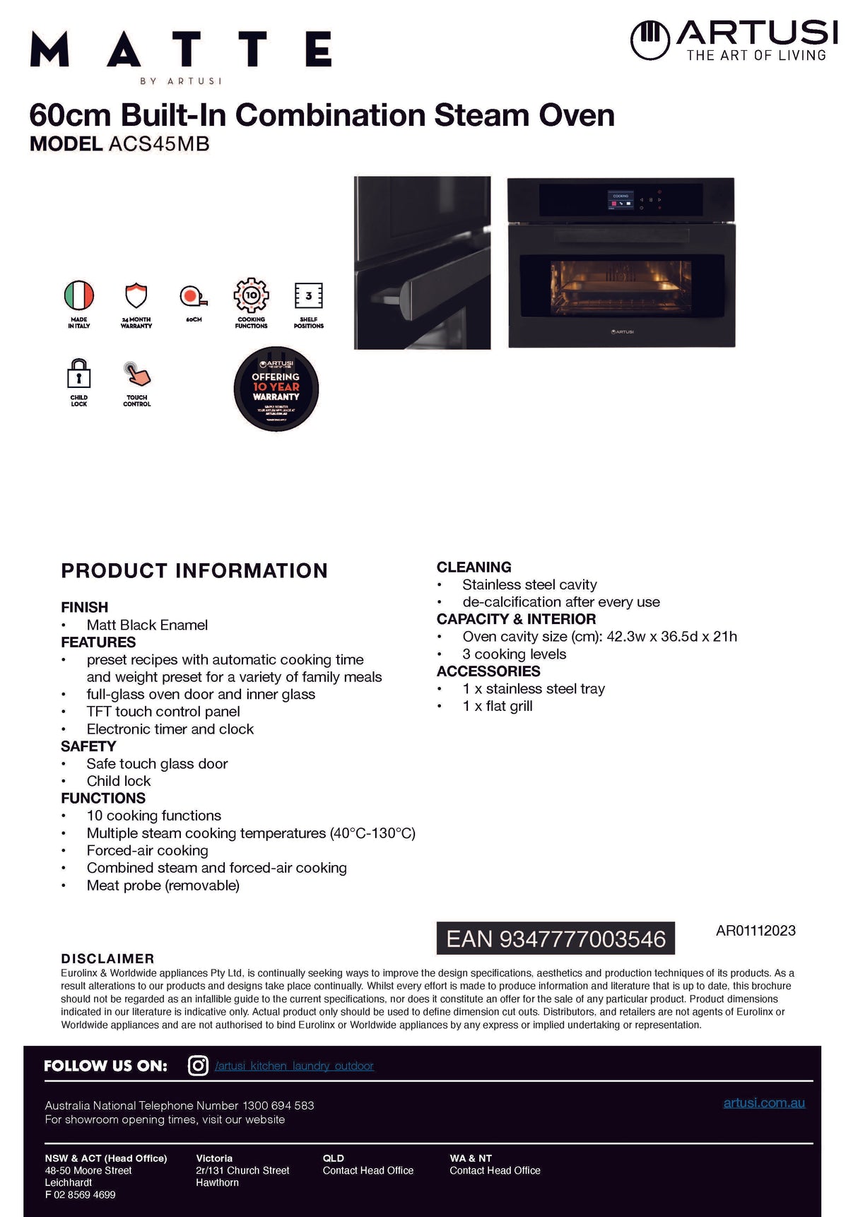 Artusi ACS45MB 60cm Built-in Combi Steam Oven