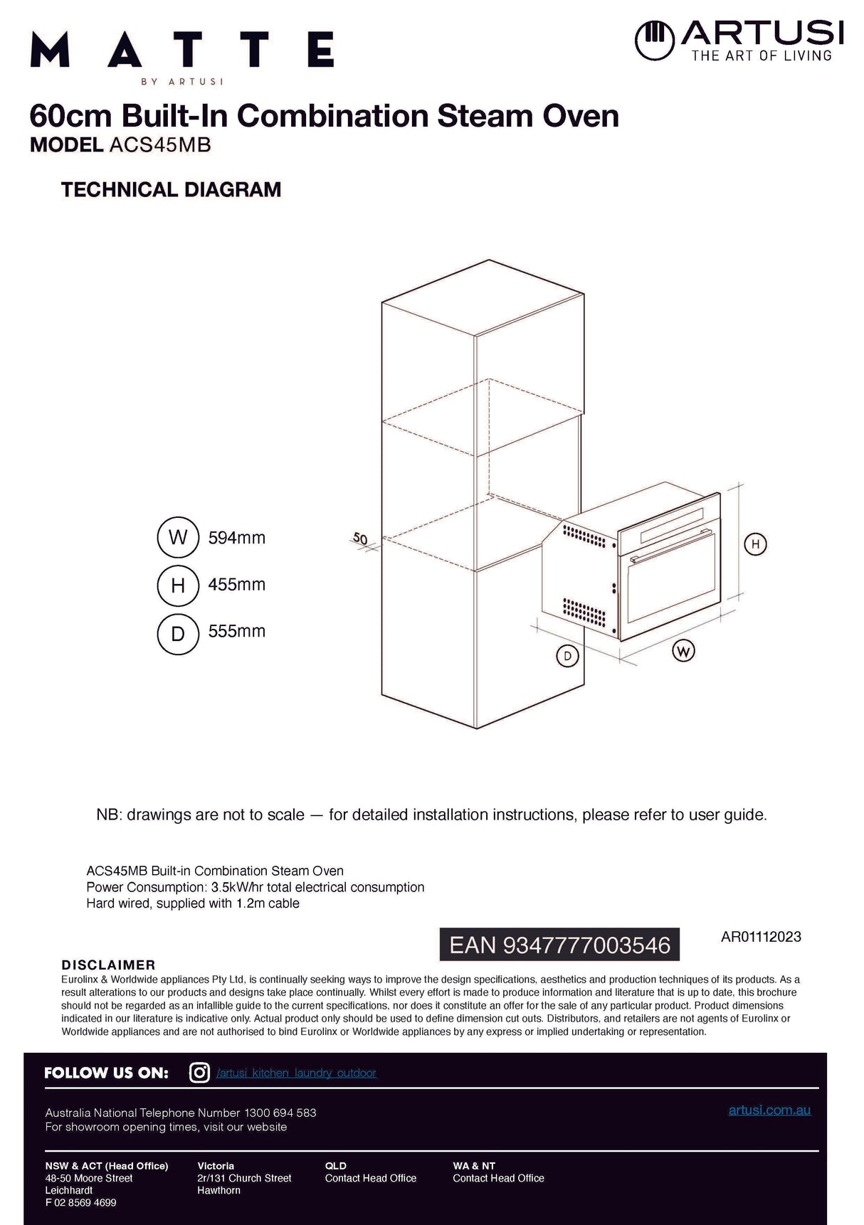 Artusi ACS45MB 60cm Built-in Combi Steam Oven