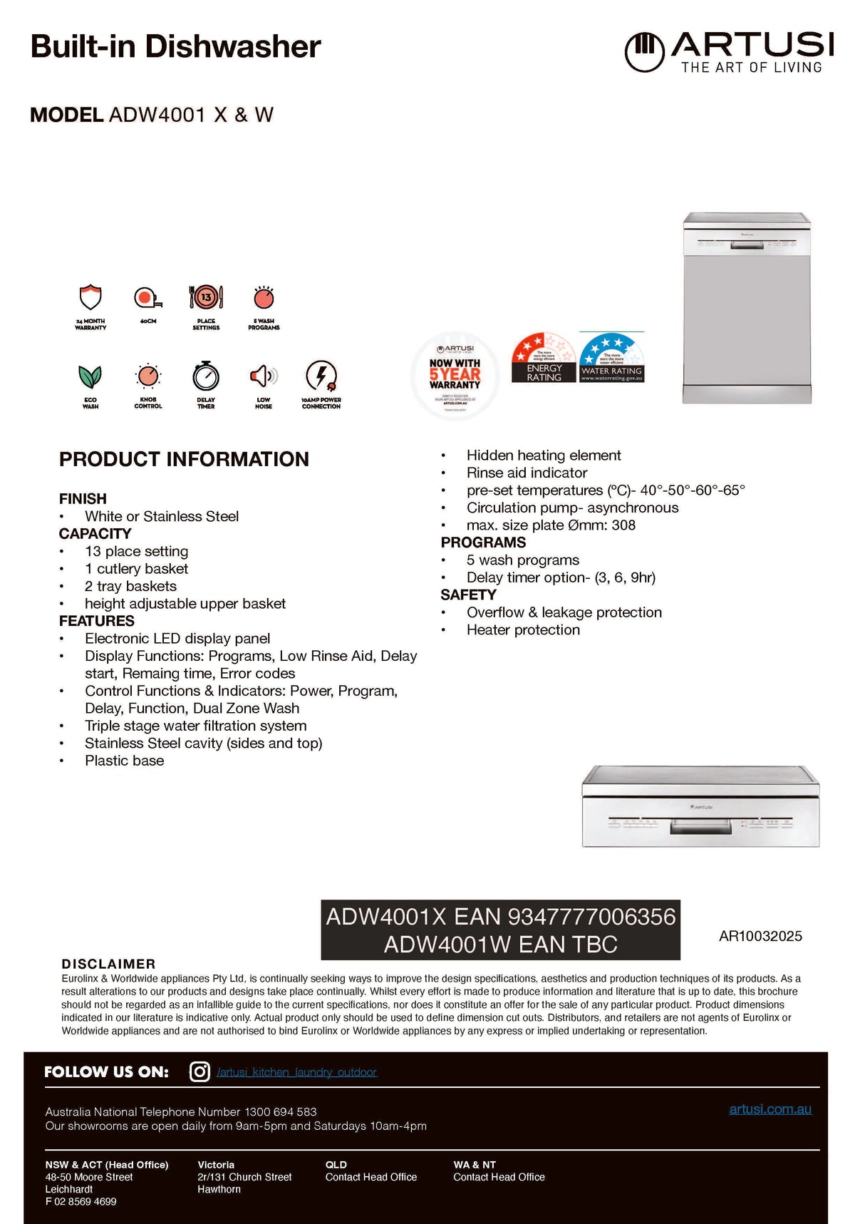 Artusi ADW4001X Freestanding 60cm Dishwasher, Stainless Steel