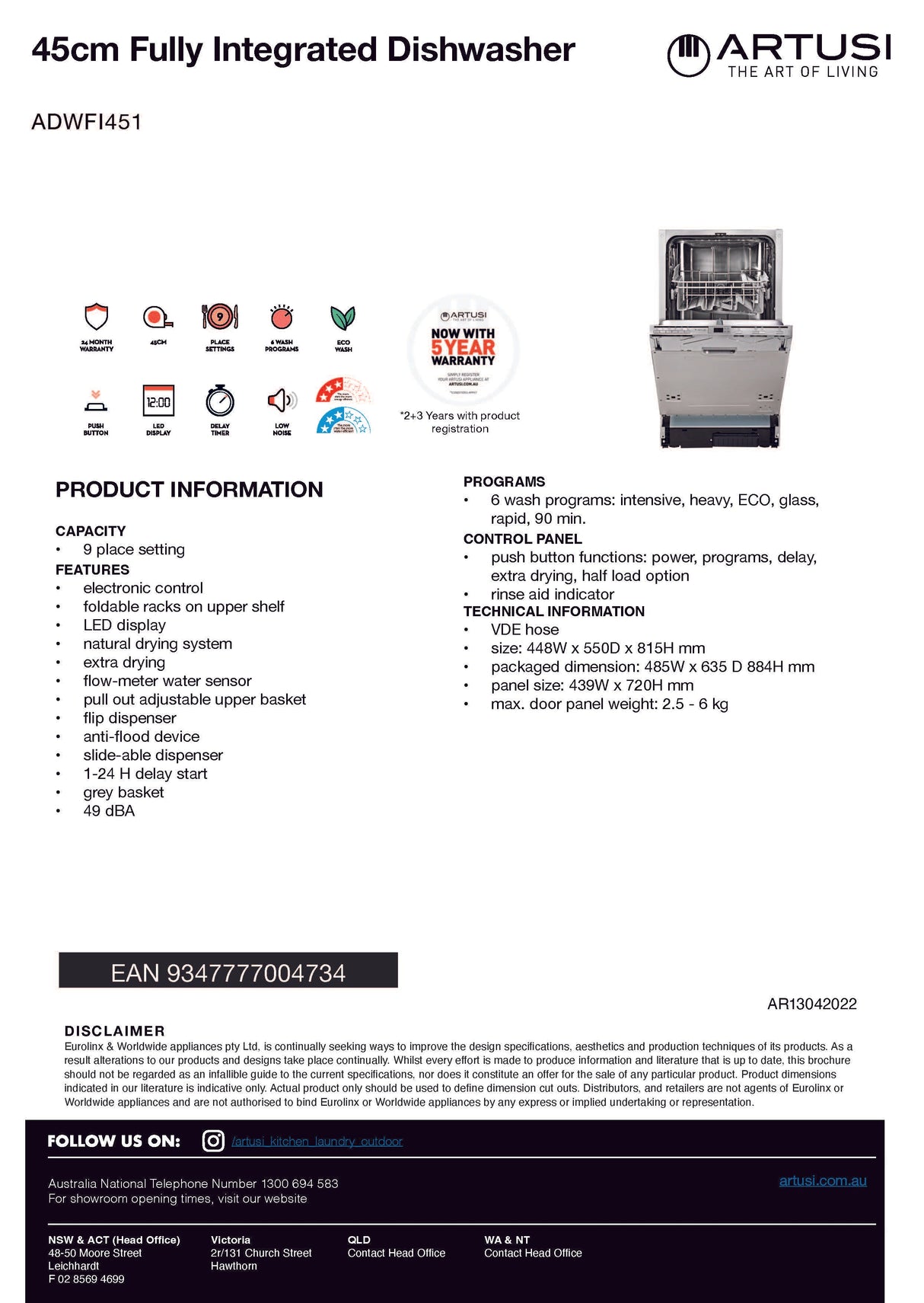 Artusi ADWFI451 45cm Fully Integrated Dishwasher