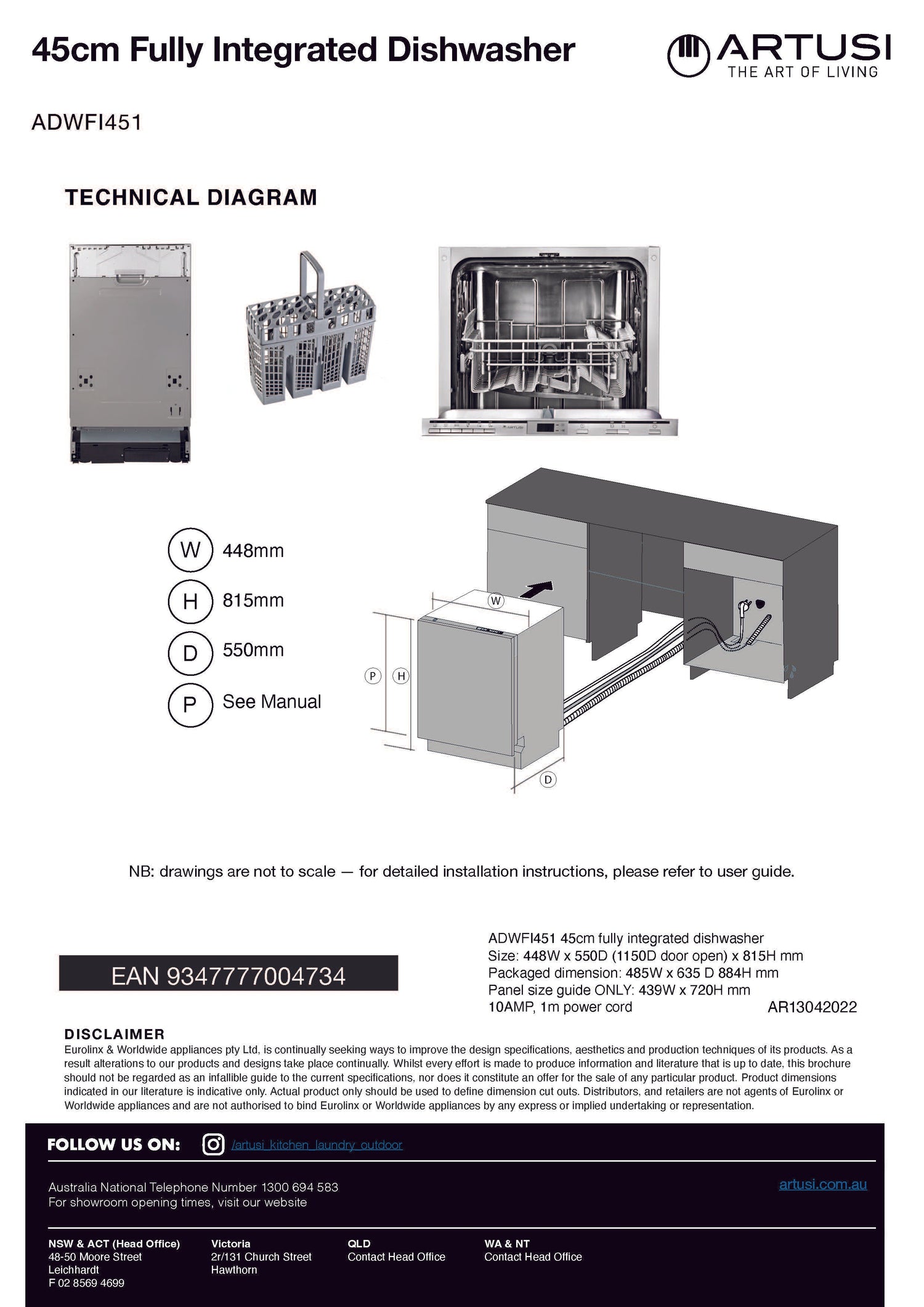 Artusi ADWFI451 45cm Fully Integrated Dishwasher