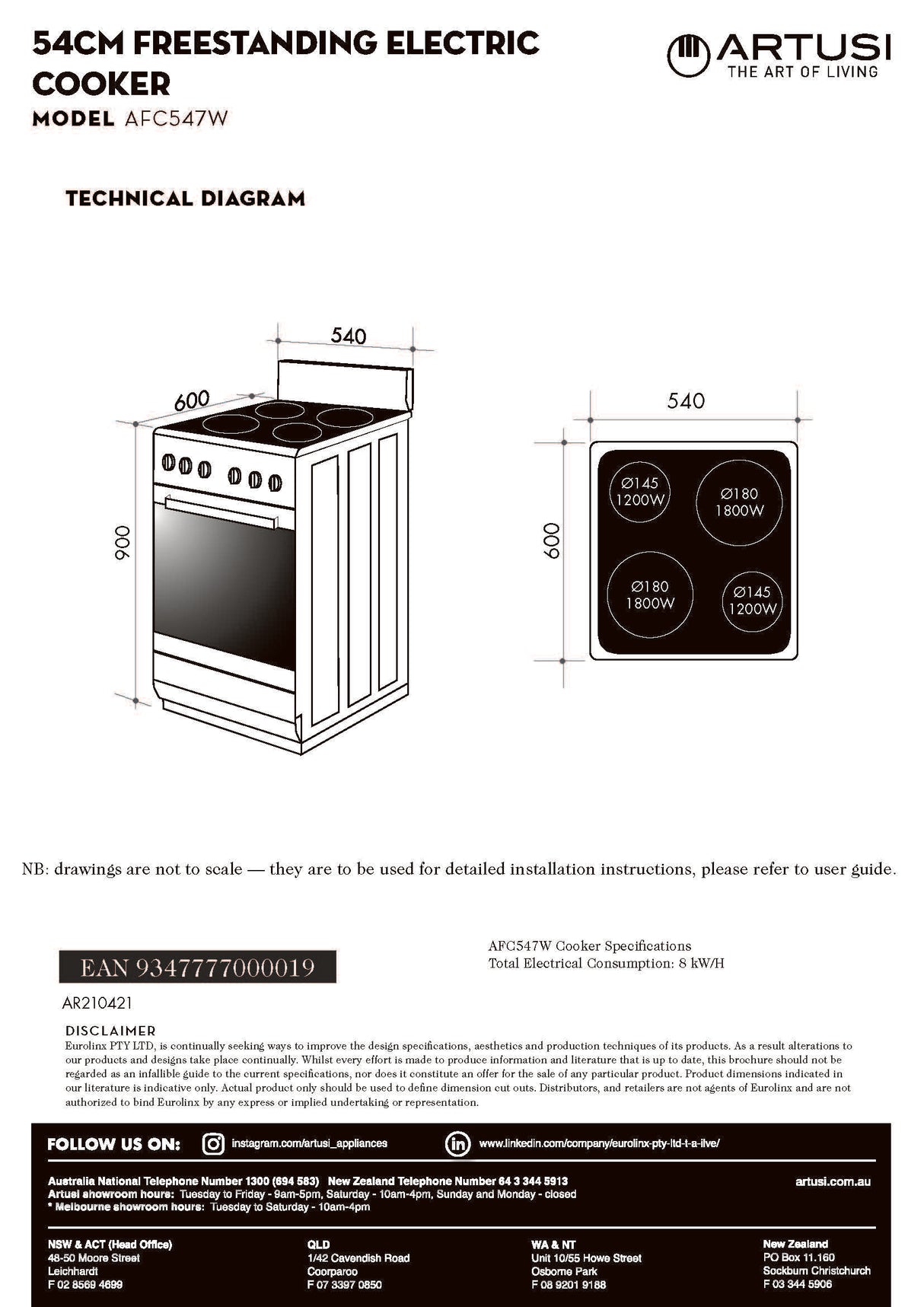 Artusi AFC547W 54cm Electric Freestanding Stove with Ceramic Top, White