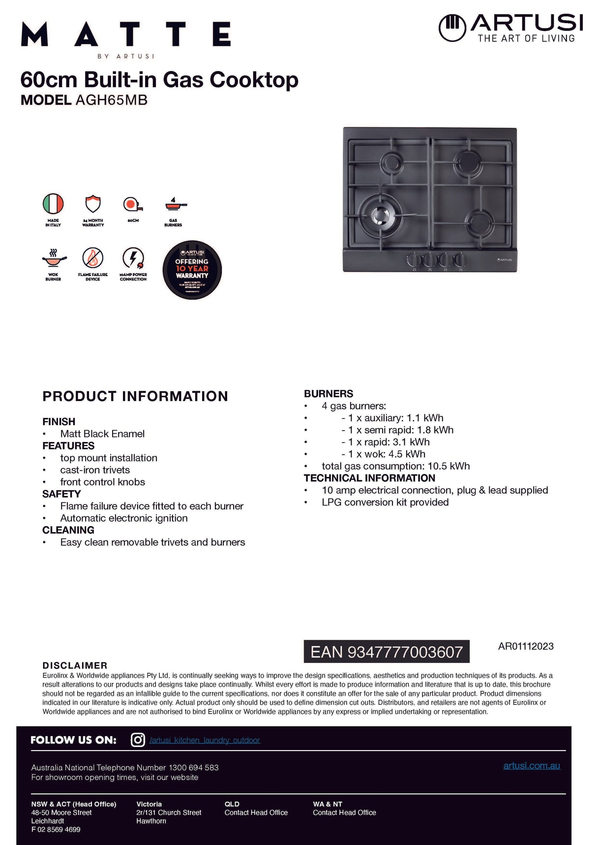 Artusi AGH65MB 60cm Black Finish Gas Cooktop