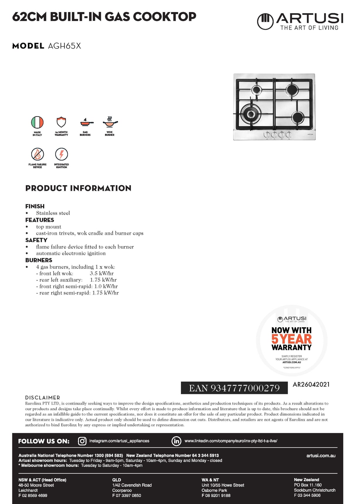Artusi AGH65X 60cm Stainless Steel Gas Cooktop