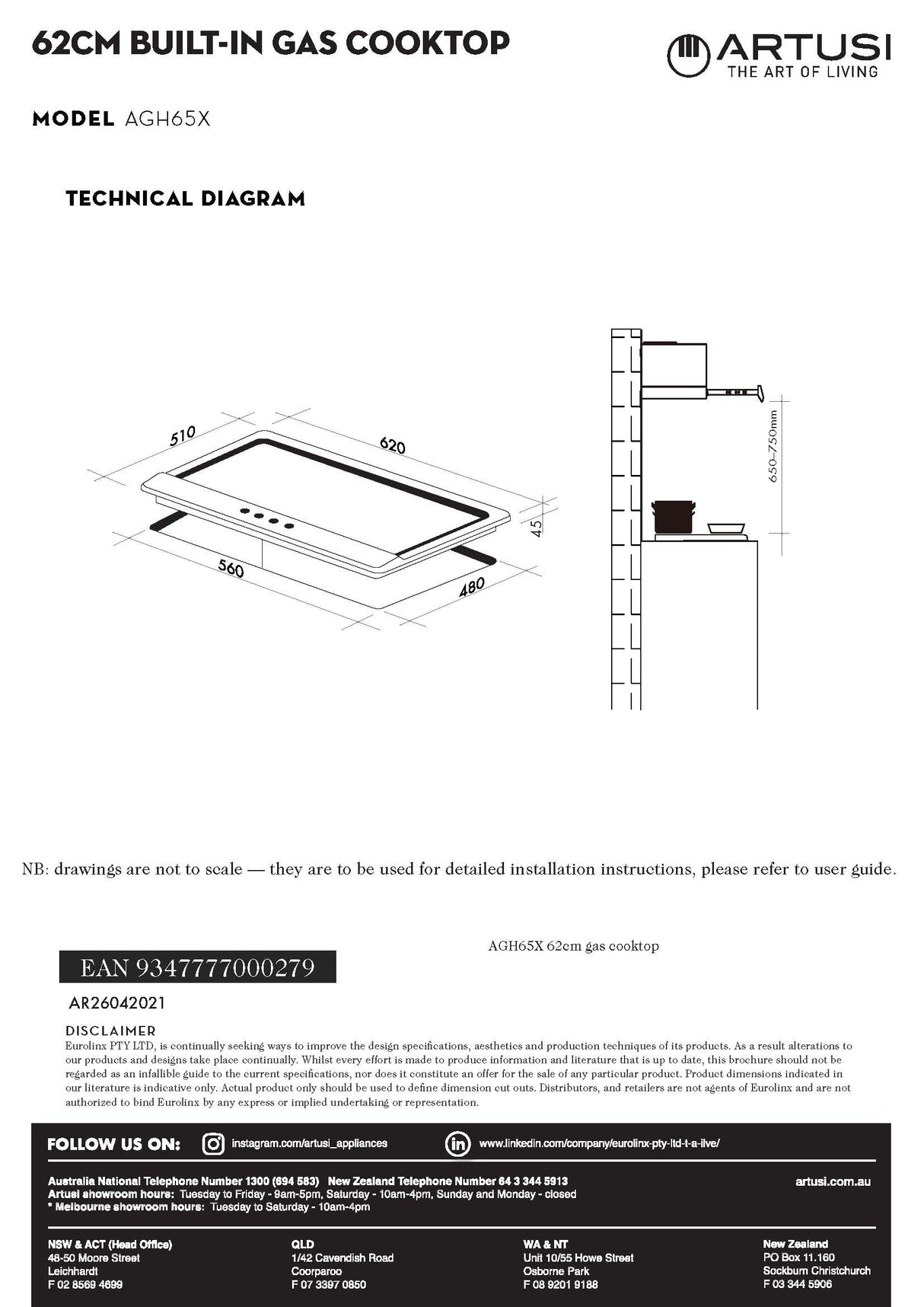 Artusi AGH65X 60cm Stainless Steel Gas Cooktop