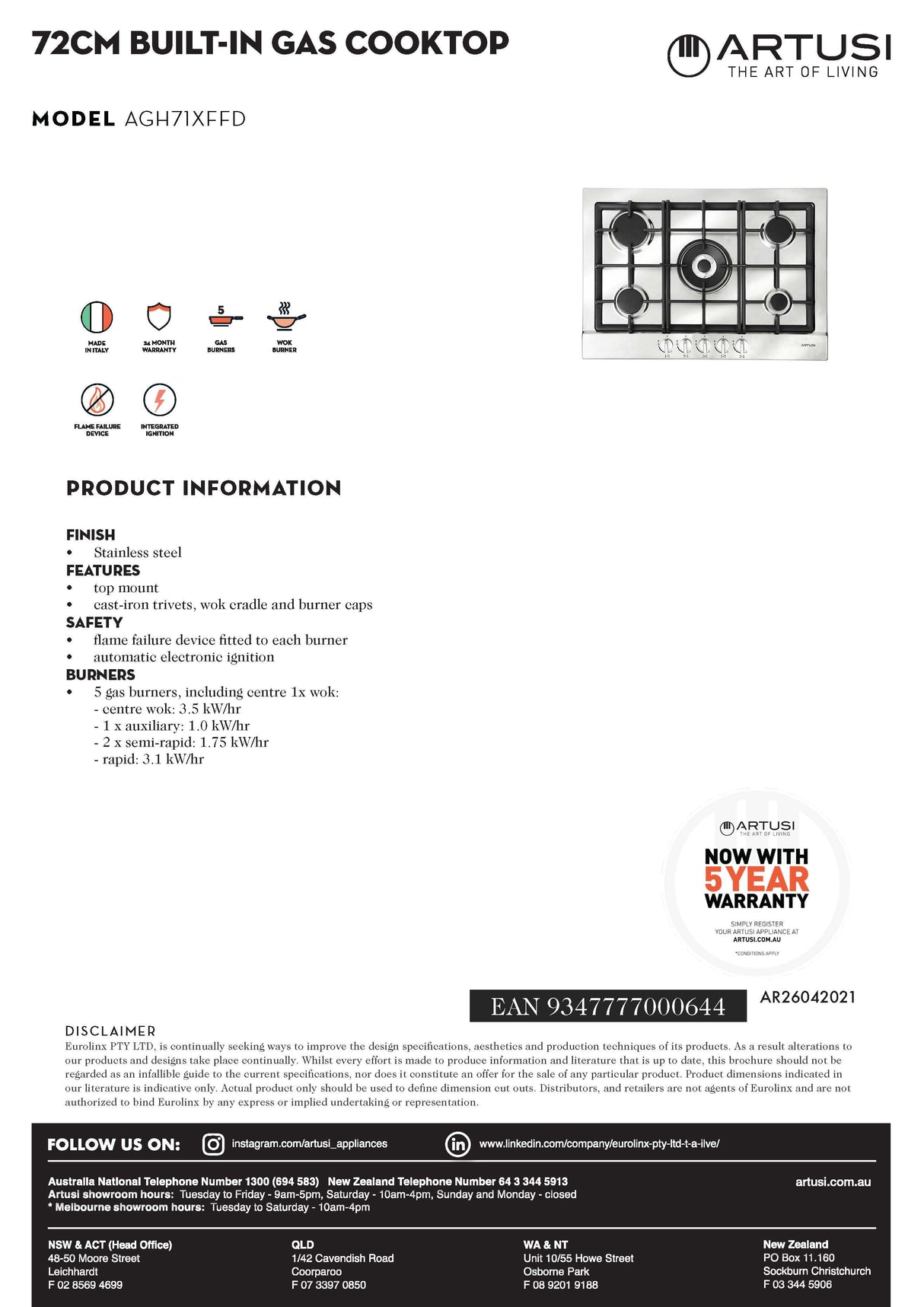 Artusi AGH71XFFD 70cm Stainless Steel Gas Cooktop