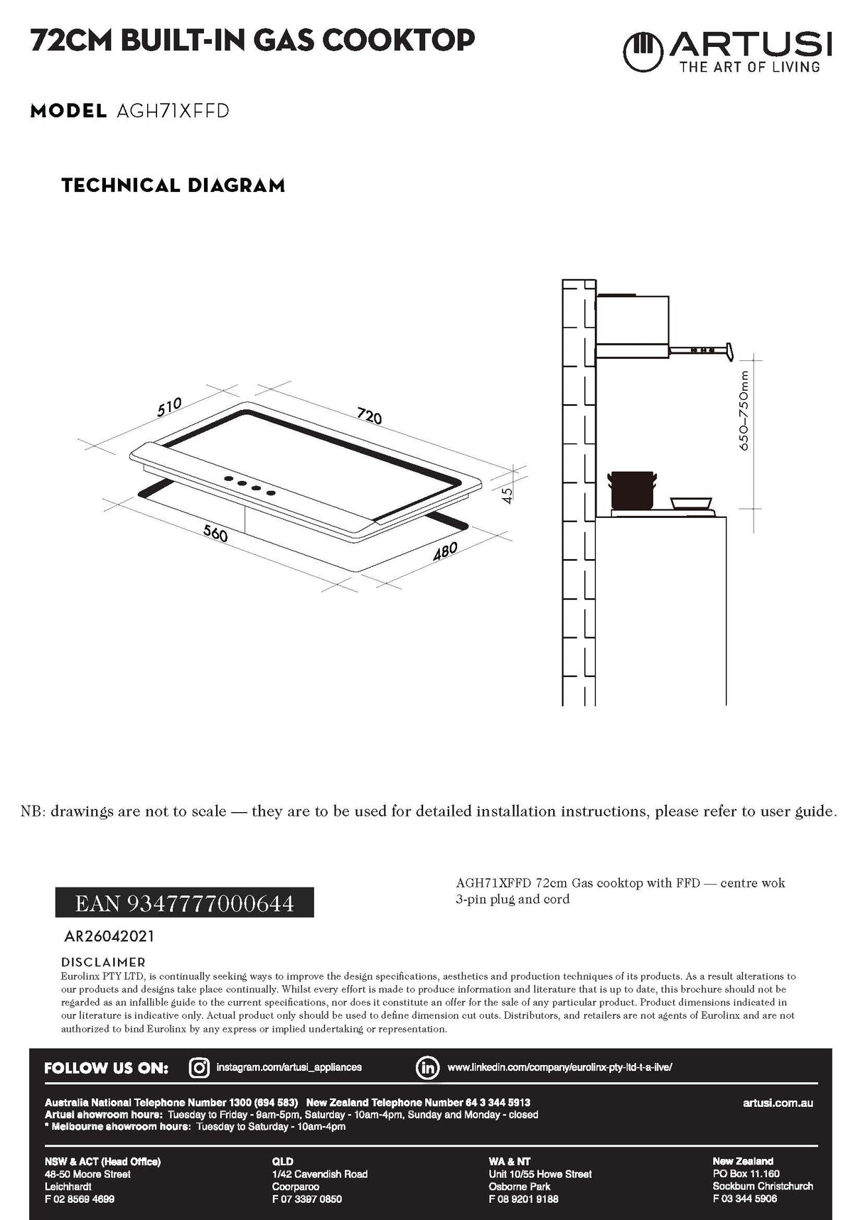 Artusi AGH71XFFD 70cm Stainless Steel Gas Cooktop