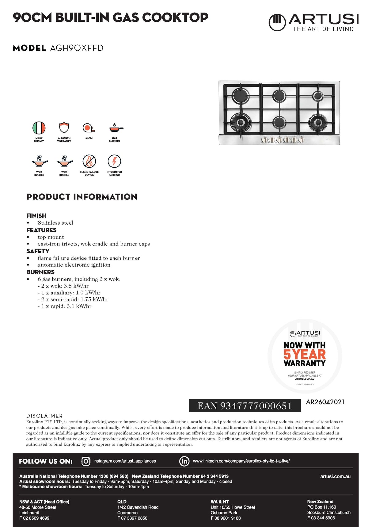 Artusi AGH90XFFD 90cm Stainless Steel Gas Cooktop